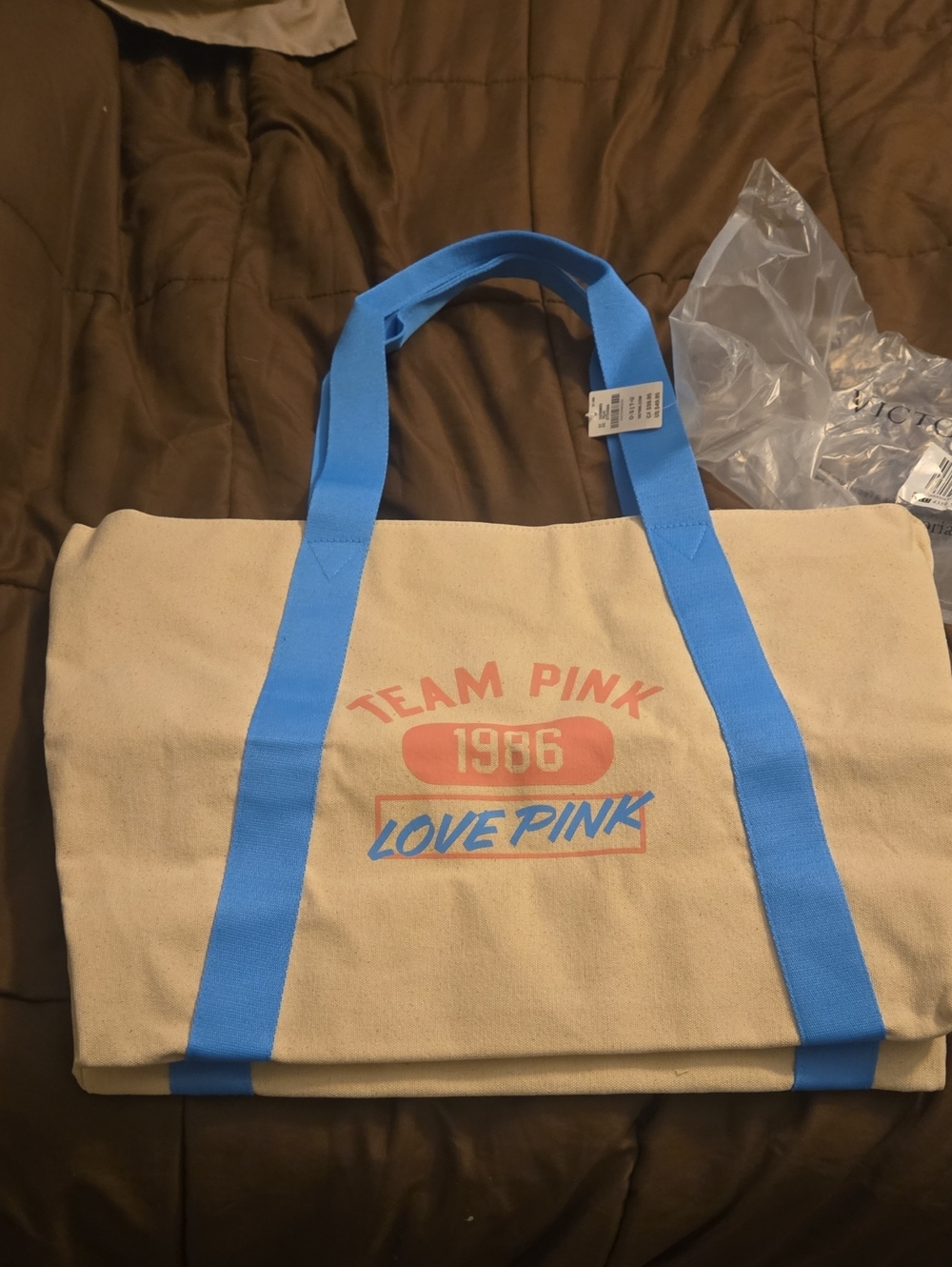 PINK Victoria's Secret Cream Canvas Tote with Bright Blue Straps & Zipper